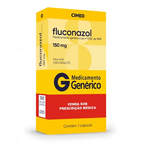Caixa amarela do medicamento Fluconazol, do laboratório Cimed.