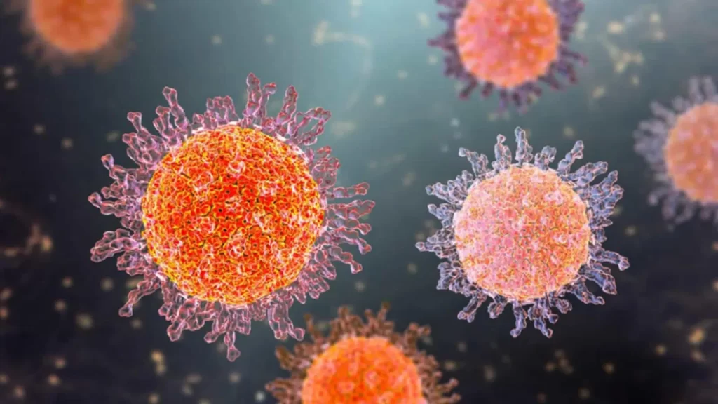 Foto microscópica de um vírus, simulando a herpes zóster.